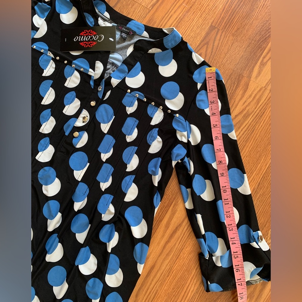COCOMO Large Black blue white 3/4 sleeve studded women's Pintuck Blouse shirt - Picture 14 of 16